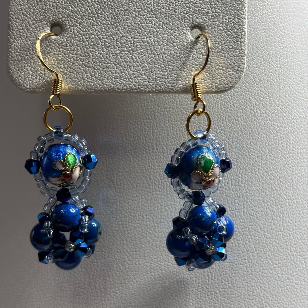 Hand Crafted cloisonné earrings cobalt blue beads blue bicones seed beads 2 in.
